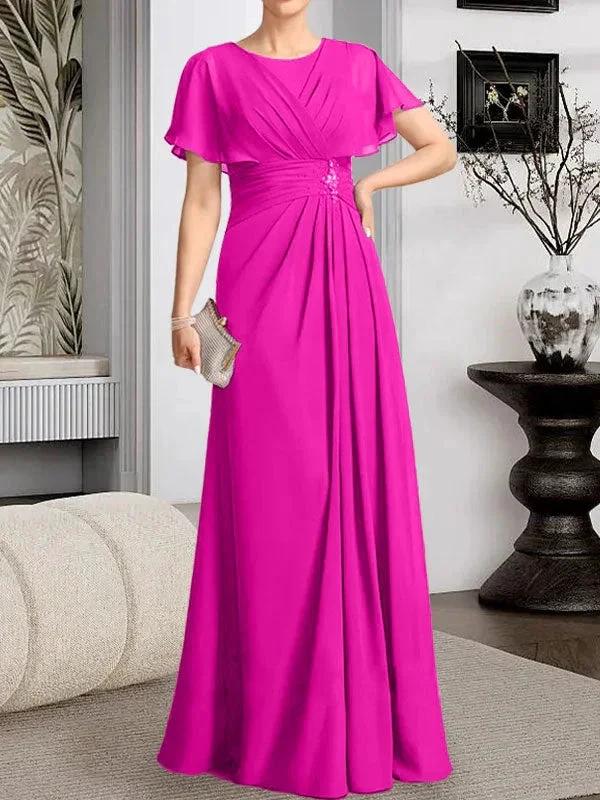 A-line Scoop Floor-Length Chiffon Mother of the Bride Dress With Pleated Beading by Dreamylily