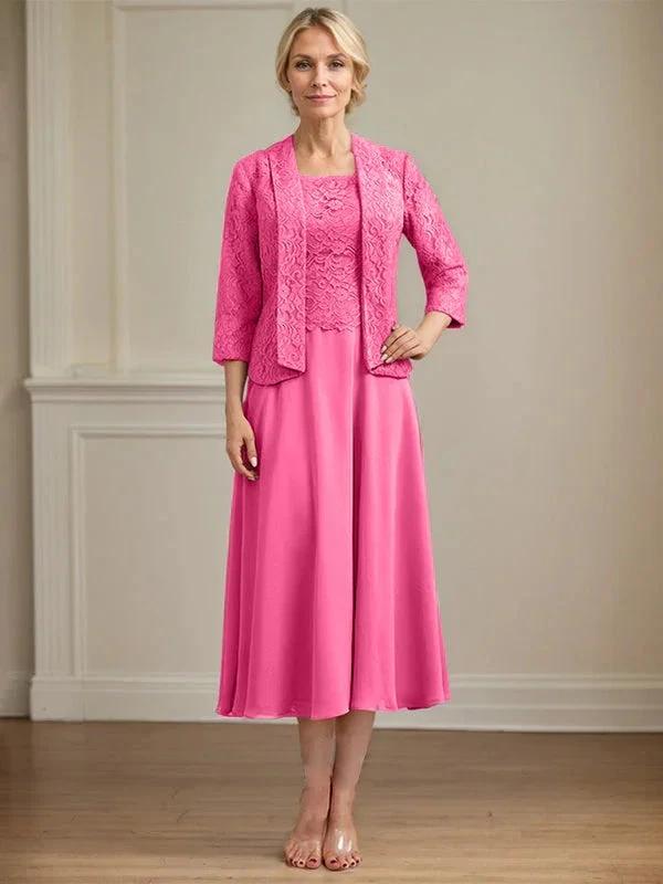 A-line Scoop Tea-Length Lace Chiffon Mother of the Bride Dress by Dreamylily