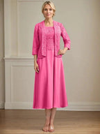 A-line Scoop Tea-Length Lace Chiffon Mother of the Bride Dress by Dreamylily
