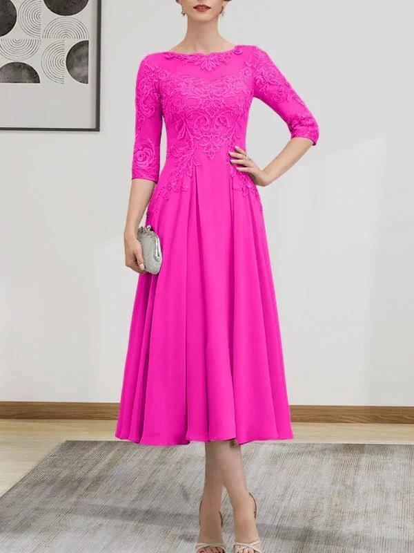 A-line Scoop Illusion Tea-Length Chiffon Lace Mother of the Bride Dress With Beading Sequins by Dreamylily