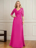 A-line V-Neck Floor-Length Lace Chiffon Mother of the Bride Dress With Pleated Sequins by Dreamylily