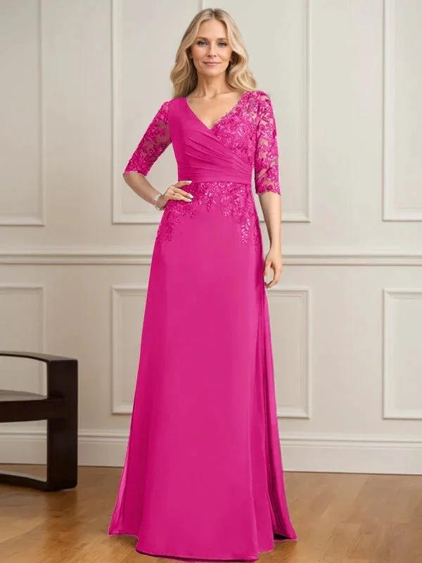 A-line V-Neck Floor-Length Lace Chiffon Mother of the Bride Dress With Pleated Sequins by Dreamylily