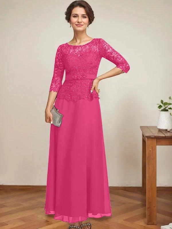 A-line Scoop Illusion Ankle-Length Chiffon Lace Mother of the Bride Dress With Rhinestone Beading by Dreamylily