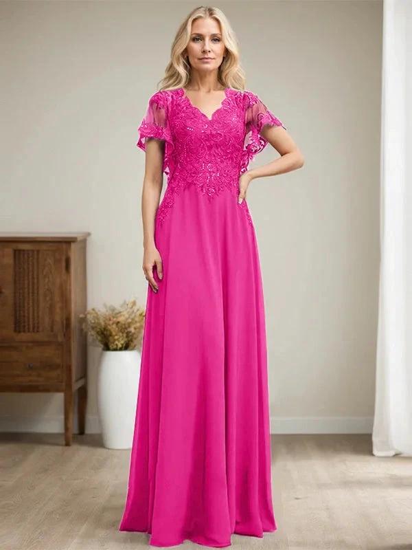 A-line V-Neck Floor-Length Lace Chiffon Mother of the Bride Dress With Sequins by Dreamylily
