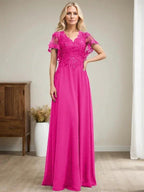 A-line V-Neck Floor-Length Lace Chiffon Mother of the Bride Dress With Sequins by Dreamylily