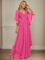 A-line V-Neck Floor-Length Chiffon Mother of the Bride Dress With Sequins Appliques Lace Beading by Dreamylily