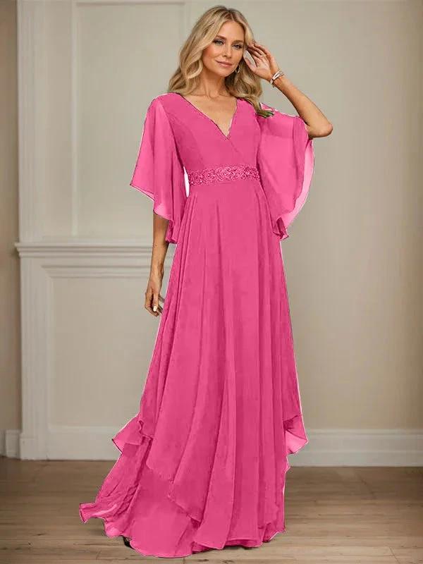 A-line V-Neck Floor-Length Chiffon Mother of the Bride Dress With Sequins Appliques Lace Beading by Dreamylily
