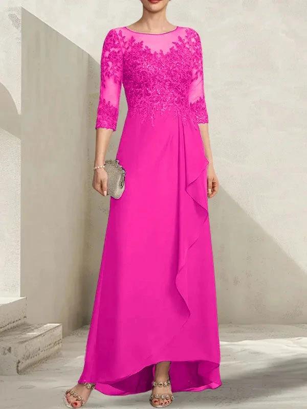 A-line Scoop Illusion Asymmetrical Lace Chiffon Mother of the Bride Dress With Sequins Cascading Ruffles by Dreamylily