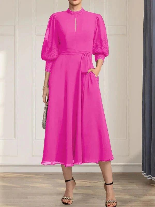 A-line High Neck Tea-Length Lace Chiffon Mother of the Bride Dress With Bow by Dreamylily