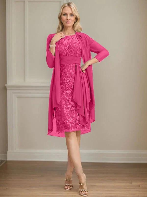 Sheath/Column Scoop Illusion Knee-Length Lace Chiffon Mother of the Bride Dress With Cascading Ruffles Sequins by Dreamylily