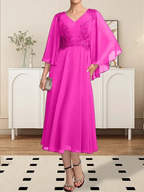 A-line V-Neck Tea-Length Chiffon Lace Mother of the Bride Dress With Beading Sequins by Dreamylily