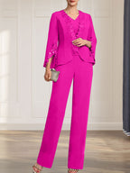 Separates Jumpsuit/Pantsuit V-Neck Floor-Length Chiffon Mother of the Bride Dress