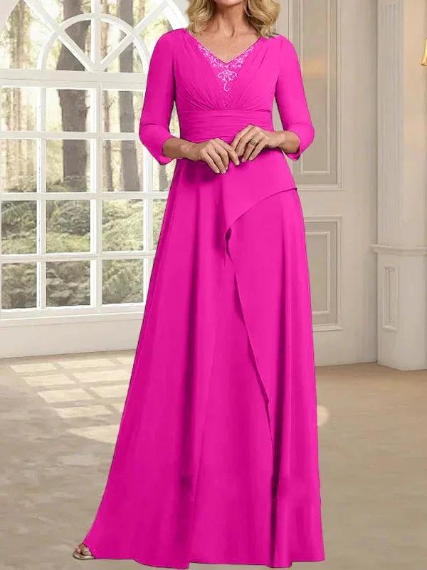A-line V-Neck Floor-Length Chiffon Mother of the Bride Dress With Pleated Beading by Dreamylily