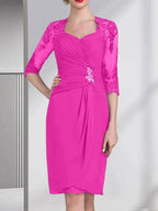 Sheath/Column Sweetheart Knee-Length Chiffon Mother of the Bride Dress With Beading Appliques Lace Sequins Pleated by Dreamylily