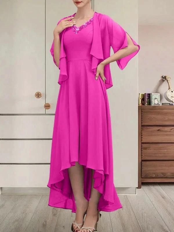 A-line V-Neck Asymmetrical Chiffon Mother of the Bride Dress With Beading Sequins by Dreamylily