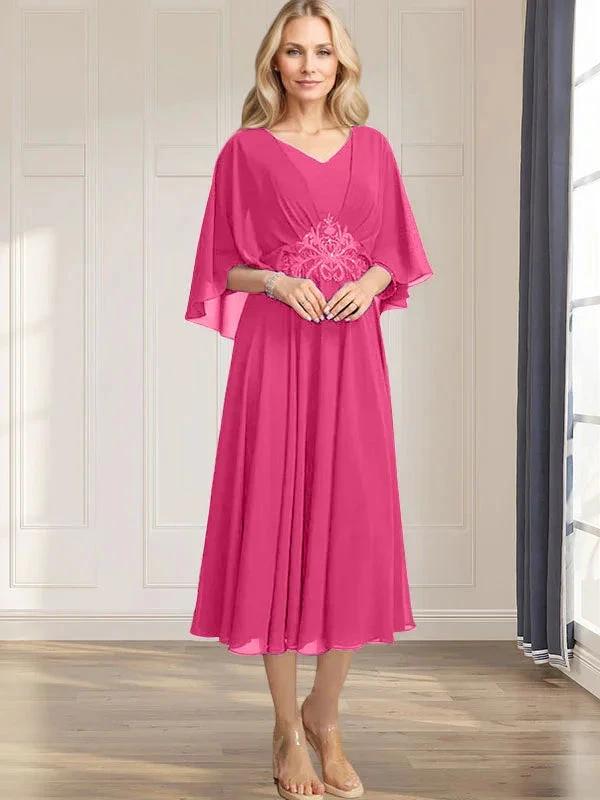 A-line V-Neck Tea-Length Chiffon Mother of the Bride Dress With Pleated Sequins Appliques Lace Beadind by Dreamylily