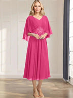 A-line V-Neck Tea-Length Chiffon Mother of the Bride Dress With Pleated Sequins Appliques Lace Beadind by Dreamylily
