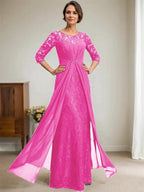 A-Line Scoop Illusion Floor-Length Lace Chiffon Mother Of the Bride Dress With Beading Ruffles by Dreamylily