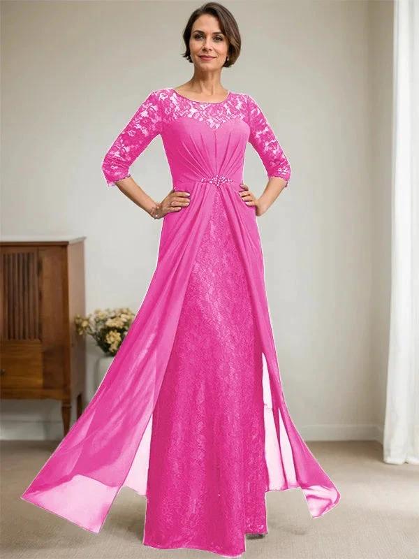 A-Line Scoop Illusion Floor-Length Lace Chiffon Mother Of the Bride Dress With Beading Ruffles by Dreamylily