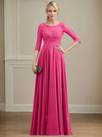 A-line Scoop Illusion Floor-Length Lace Chiffon Mother of the Bride Dress With Sequins by Dreamylily
