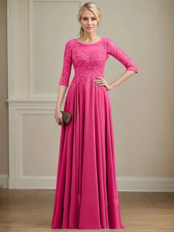 A-line Scoop Illusion Floor-Length Lace Chiffon Mother of the Bride Dress With Sequins by Dreamylily