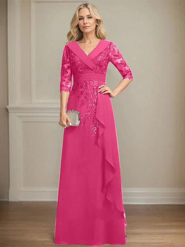 A-line Collared V-Neck Floor-Length Lace Chiffon Mother of the Bride Dress With Sequins Cascading Ruffles by Dreamylily