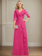 A-line Collared V-Neck Floor-Length Lace Chiffon Mother of the Bride Dress With Sequins Cascading Ruffles by Dreamylily