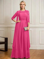 A-line Scoop Illusion Floor-Length Lace Chiffon Mother of the Bride Dress With Pleated by Dreamylily