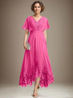 A-line V-Neck Asymmetrical Lace Chiffon Mother of the Bride Dress With Pleated by Dreamylily