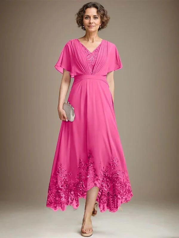 A-line V-Neck Asymmetrical Lace Chiffon Mother of the Bride Dress With Pleated by Dreamylily
