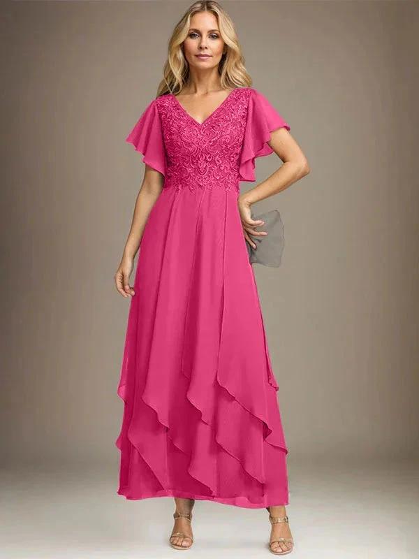 A-line V-Neck Ankle-Length Lace Chiffon Mother of the Bride Dress With Cascading Ruffles by Dreamylily