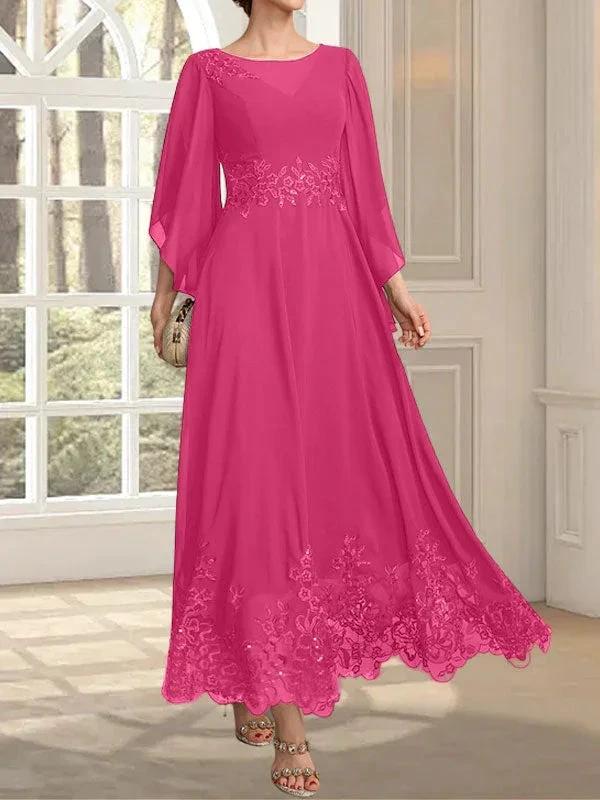 A-line Scoop Illusion Ankle-Length Lace Chiffon Mother of the Bride Dress With Sequins by Dreamylily