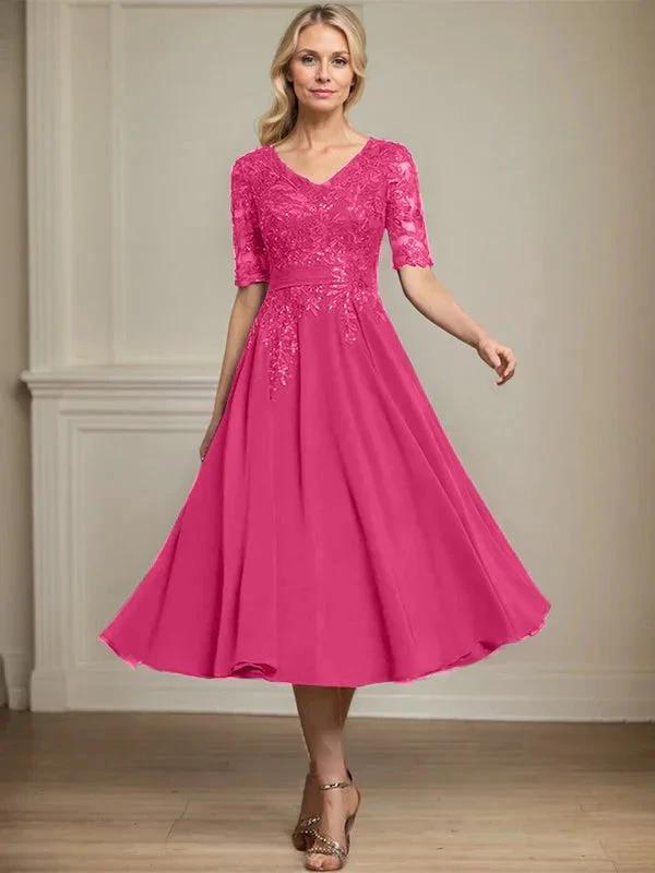 A-line V-Neck Tea-Length Lace Chiffon Mother of the Bride Dress With Sequins by Dreamylily
