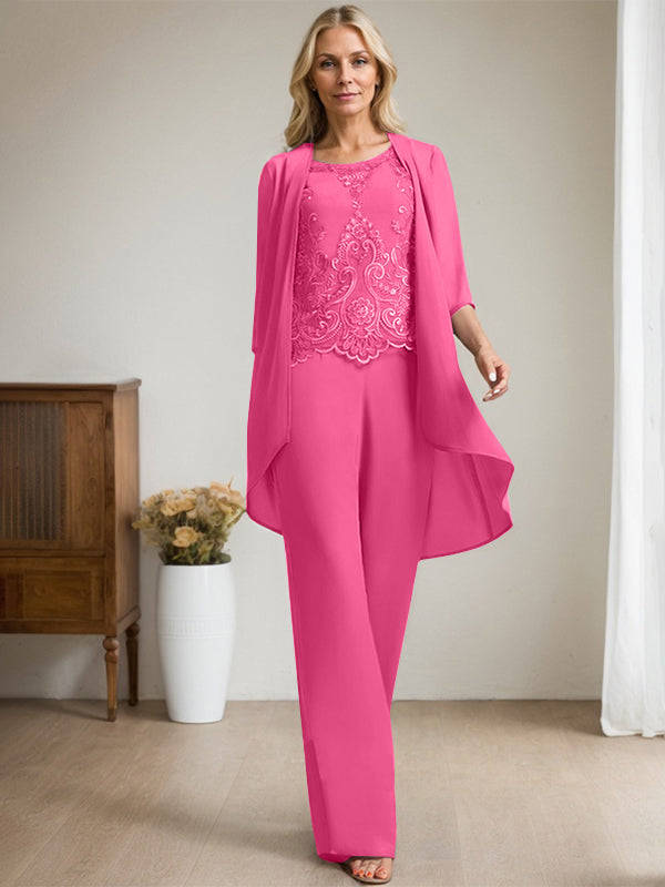 Separates Jumpsuit/Pantsuit Scoop Floor-Length Chiffon Lace Mother of the Bride Dress With Beading Sequins