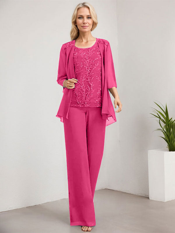 Separates Jumpsuit/Pantsuit Scoop Floor-Length Lace Chiffon Mother of the Bride Dress With Sequins