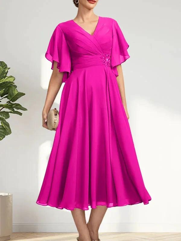 A-line V-Neck Tea-Length Chiffon Mother of the Bride Dress With Pleated Beading by Dreamylily