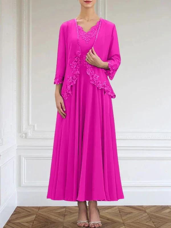 A-line V-Neck Ankle-Length Chiffon Mother of the Bride Dress With Sequins Appliques Lace Beading by Dreamylily