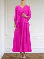 A-line V-Neck Ankle-Length Chiffon Mother of the Bride Dress With Sequins Appliques Lace Beading by Dreamylily