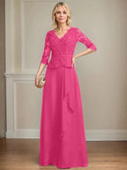 A-line V-Neck Floor-Length Lace Chiffon Mother of the Bride Dress With Cascading Ruffles Sequins by Dreamylily
