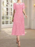 A-line Scoop Illusion Tea-Length Lace Mother of the Bride Dress With Sequins by Dreamylily