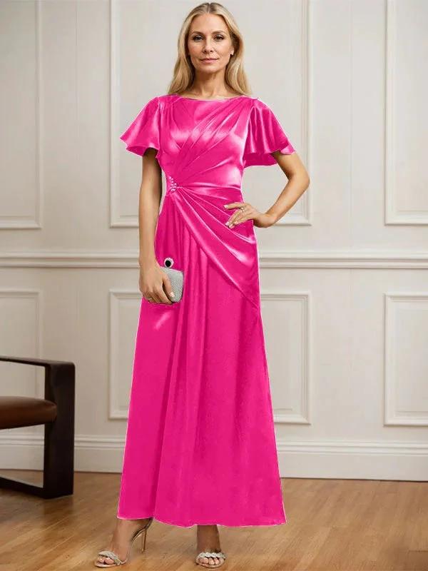 A-line Scoop Ankle-Length Stretch Satin Mother of the Bride Dress With Pleated Beading by Dreamylily
