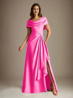 A-Line Scoop Floor-Length Stretch Satin Mother of the Bride Dress With Cascading Ruffles by Dreamylily