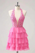 Hot Pink A Line Strapless Tiered Corset Cute Homecoming Dress PD551 by pgmdress