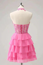 Hot Pink A Line Strapless Tiered Corset Cute Homecoming Dress PD551 by pgmdress