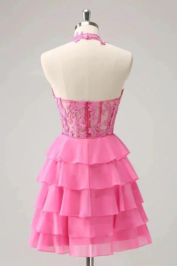 Hot Pink A Line Strapless Tiered Corset Cute Homecoming Dress PD551 by pgmdress