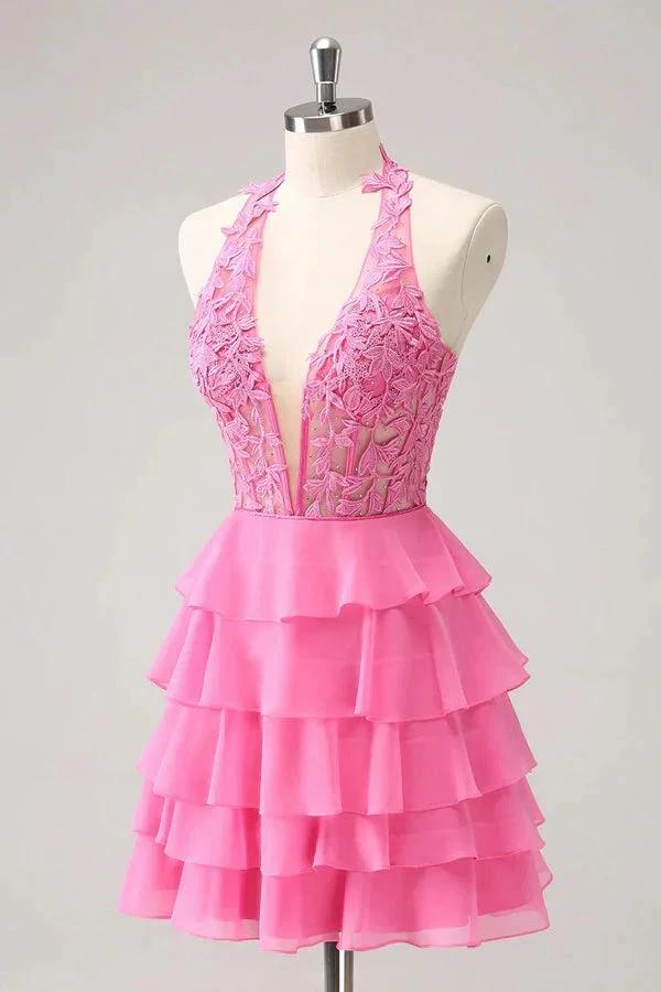 Hot Pink A Line Strapless Tiered Corset Cute Homecoming Dress PD551 by pgmdress