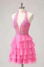 Hot Pink A Line Strapless Tiered Corset Cute Homecoming Dress PD551 by pgmdress