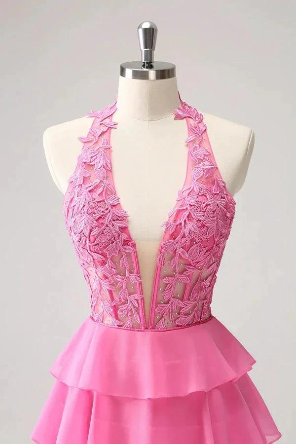 Hot Pink A Line Strapless Tiered Corset Cute Homecoming Dress PD551 by pgmdress