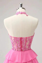 Hot Pink A Line Strapless Tiered Corset Cute Homecoming Dress PD551 by pgmdress