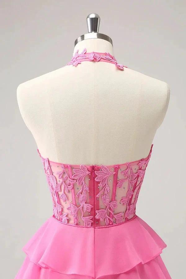 Hot Pink A Line Strapless Tiered Corset Cute Homecoming Dress PD551 by pgmdress